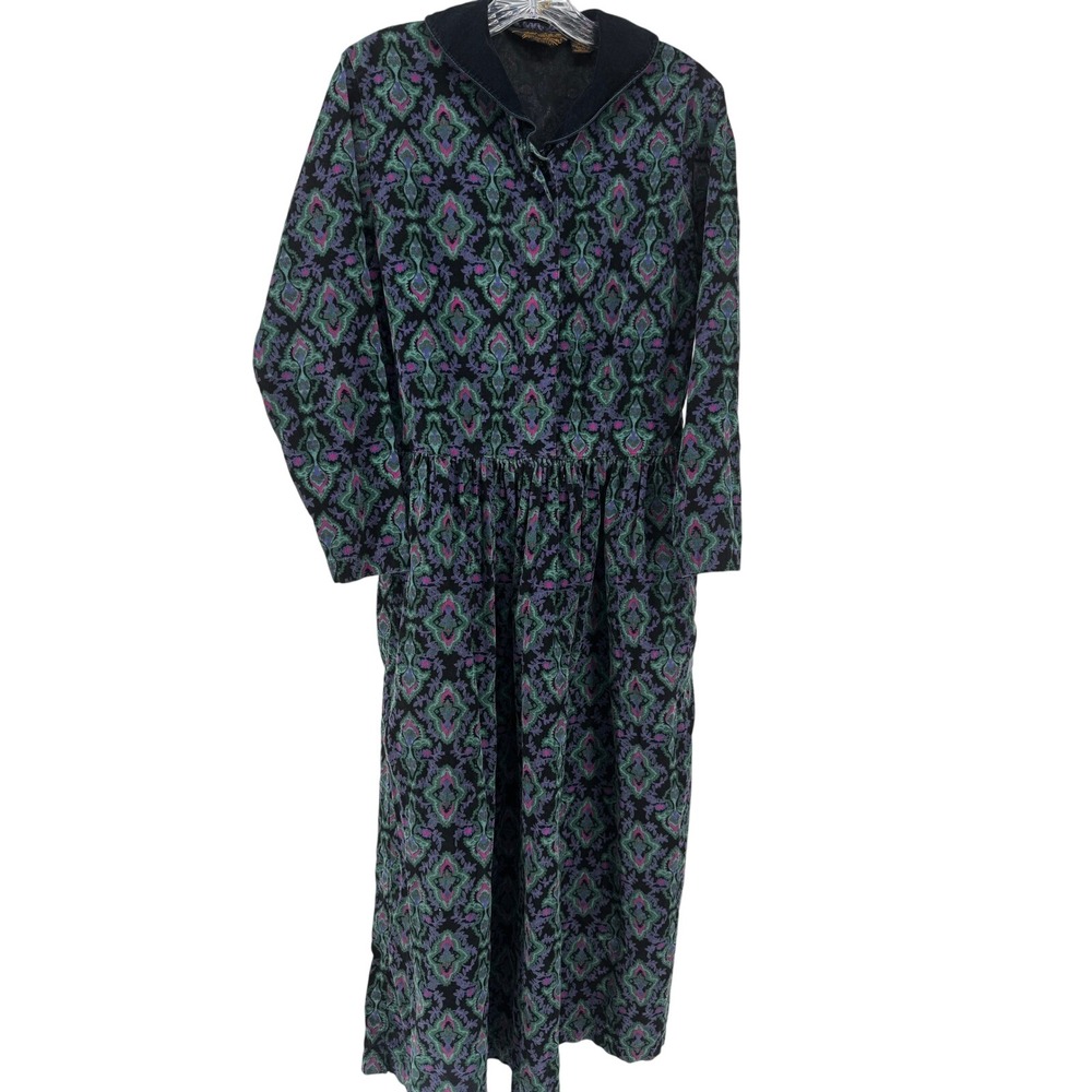 Eddie Bauer Corduroy Maxi Dress S/P Green Purple Cottagecore Lagenlook L Sleeve